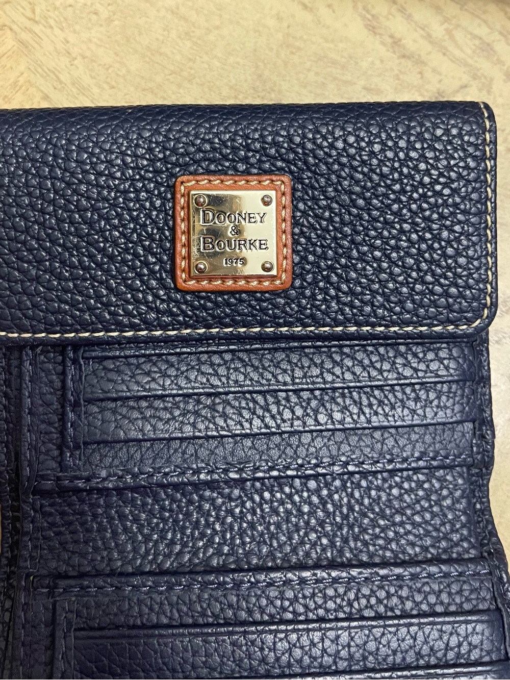 Dooney & Bourke Navy Pebbled Leather Wallet with Tan Trim and Red Interior. - Picture 6 of 10